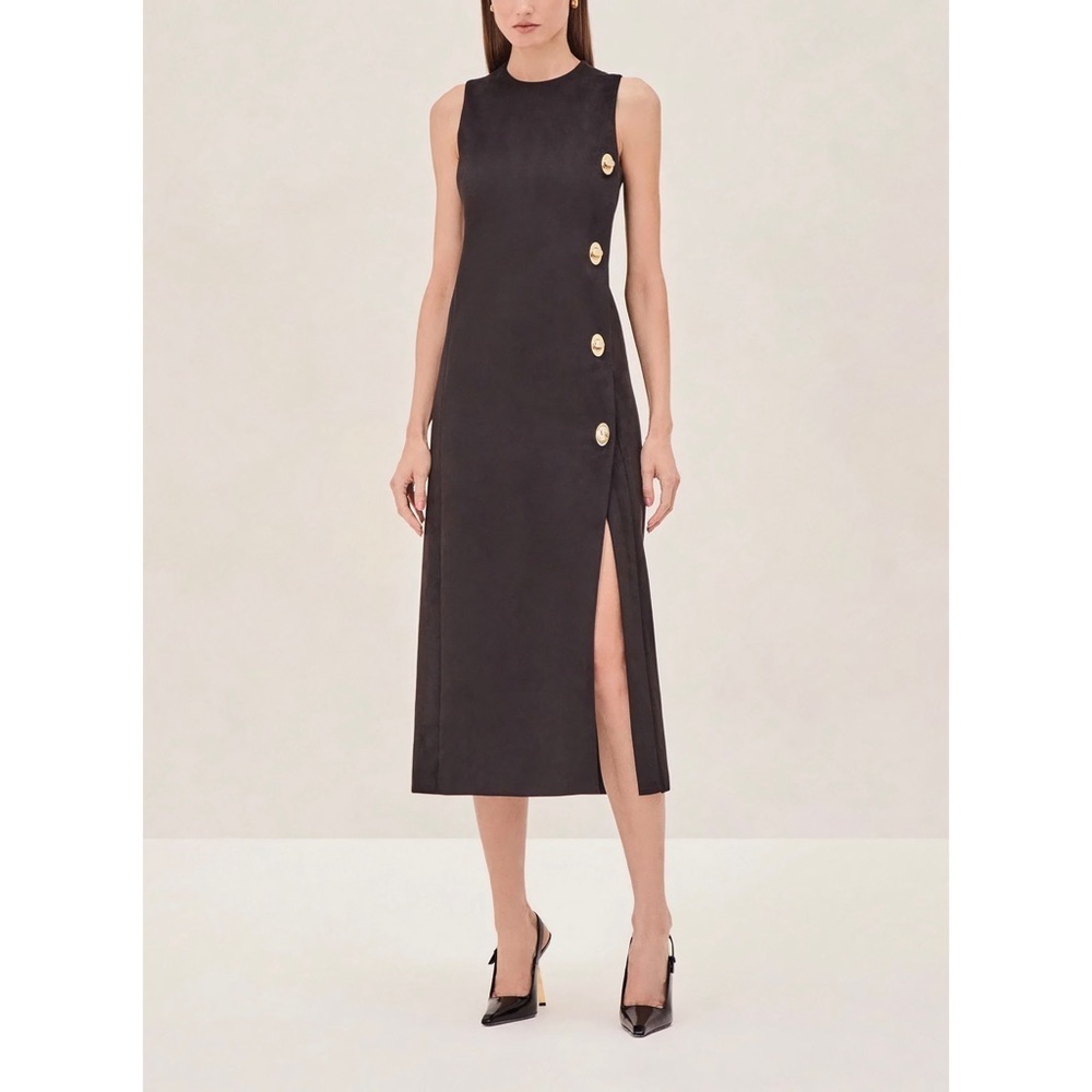 Nwt Alexis Midi Black Sleeveless Kalita Faux-Suede Dress